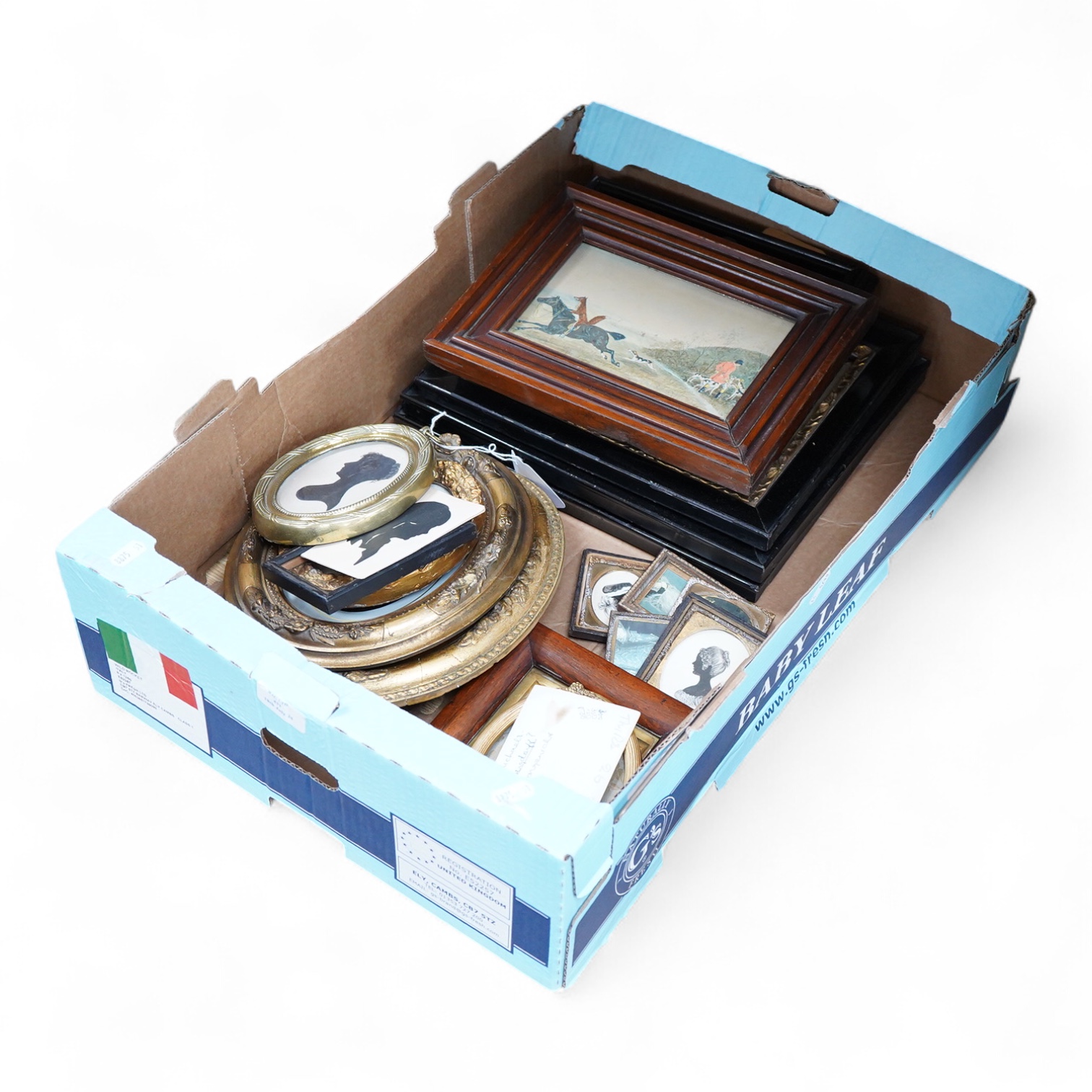 A collection of watercolour and printed miniatures and frames to include: 19th century and later oval silhouette portraits, one rosewood framed, various ebonised and partially gilt frames and a comical watercolour, hunti